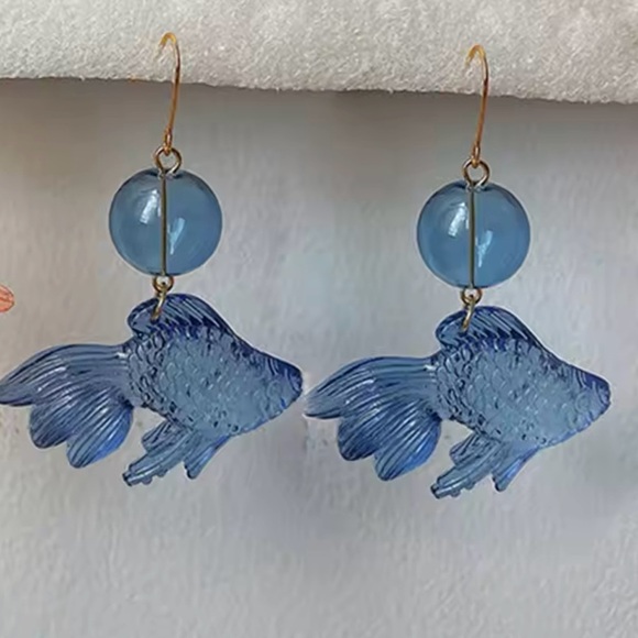 Designer Goldfish Dangle Earrings Sweet Resin Fish Drop Earrings Blue Earrings - Picture 1 of 2